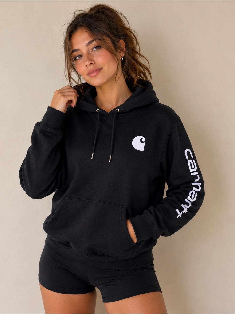 Carhartt Clarksburg Black Hoodie with White Logo and Sleeve Text Women’s Medium